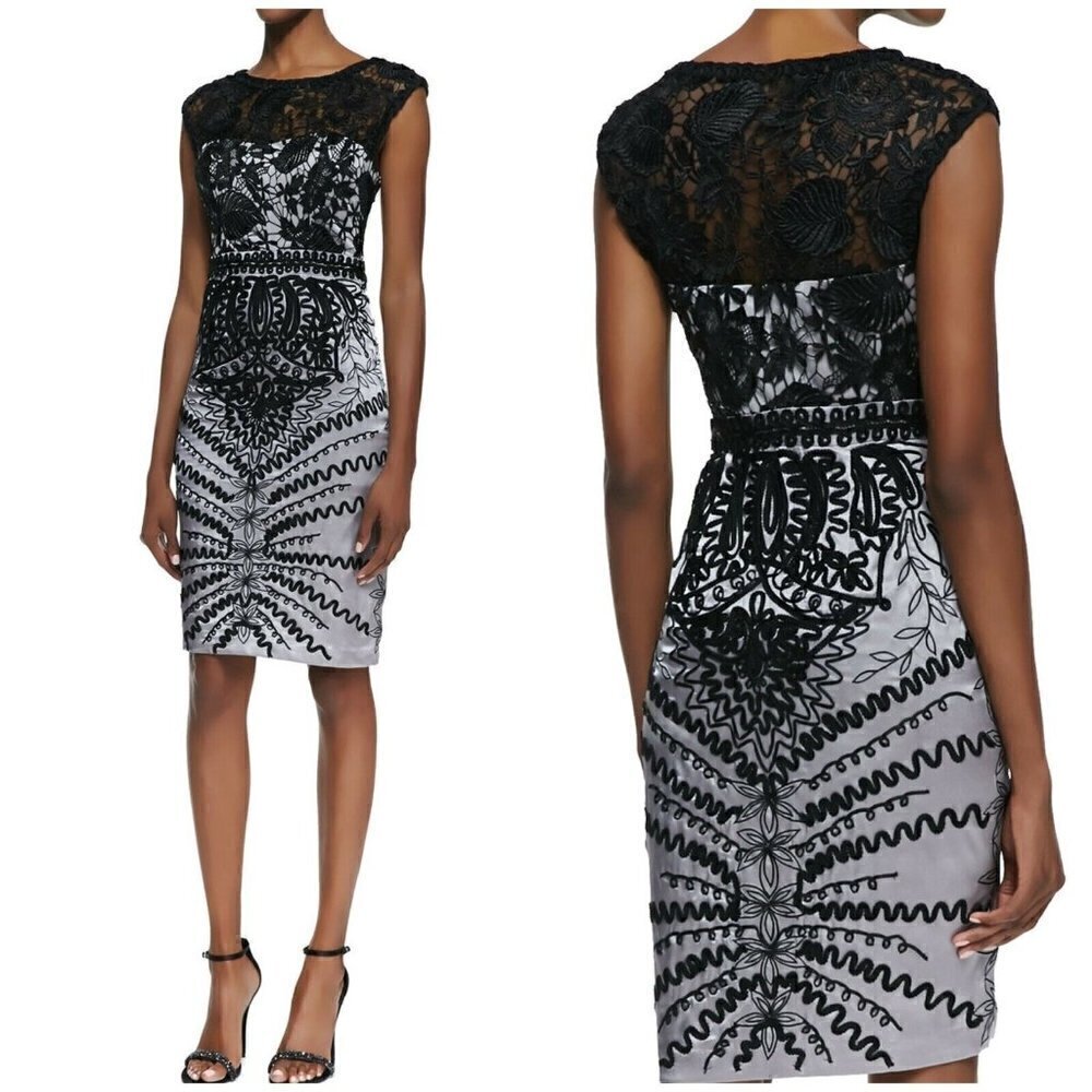 Sue Wong Sz 4 Lace Soutache Embroidered Satin Sheath Dress Formal Black